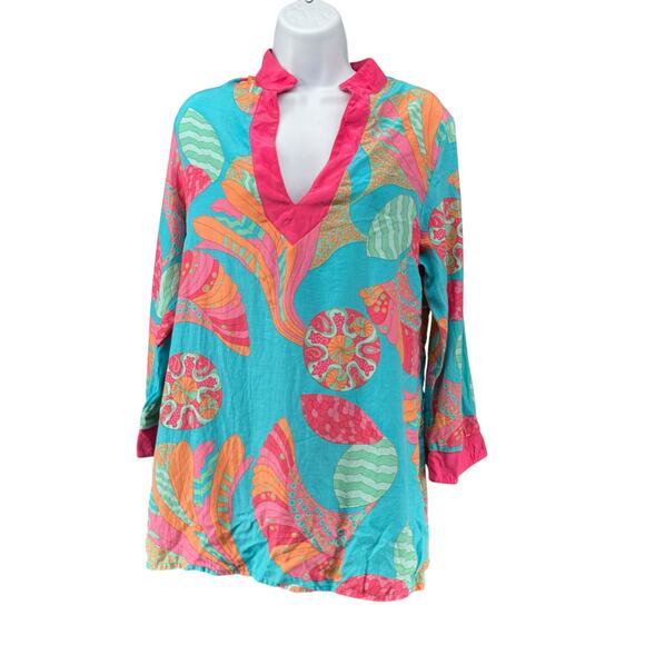 Britt Ryan Mini Dress Silk Blend Bright Pink Blue Tropical V-Neck Beach Medium - Picture 2 of 6